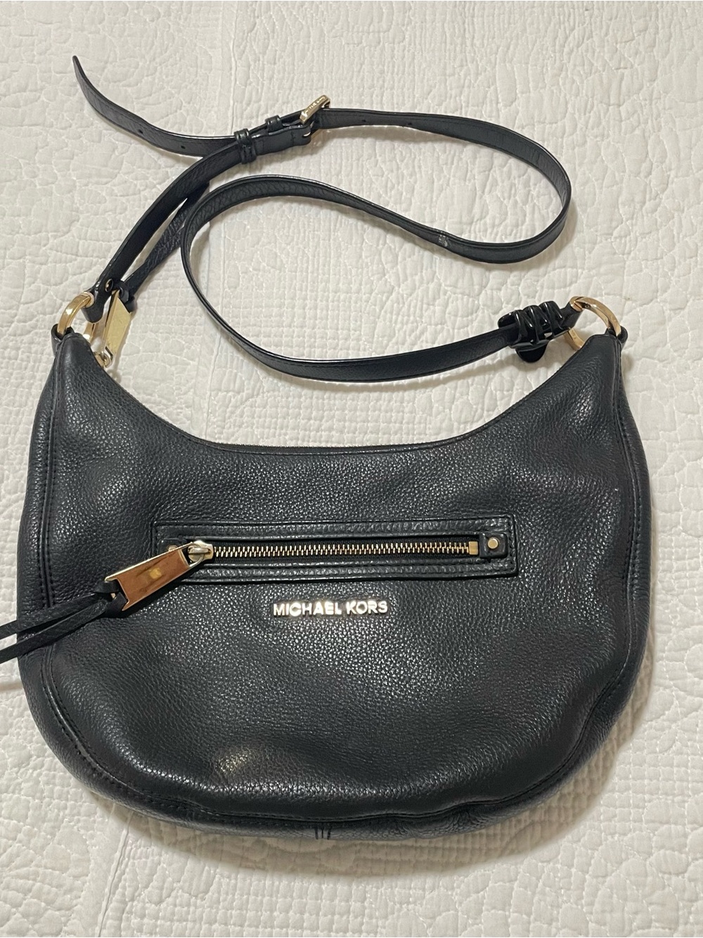 Michael Kors Rhea Black Pebbled Leather Hobo Shoulder Bag with Gold Hardware